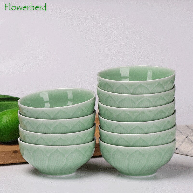 Household Rice Bowl Ceramic Bowl Chinese Style Authentic Longquan Celadon Bowl Lotus Microwave Suitable Tableware