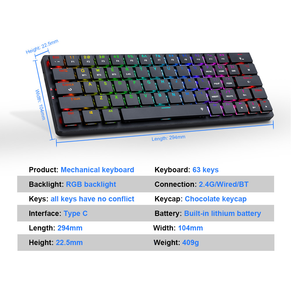 REDRAGON Elise Pro K624P RGB Super slim Mechanical Gaming Keyboard USB Surpport Bluetooth wireless 2.4G 63 Keys for Compute PC