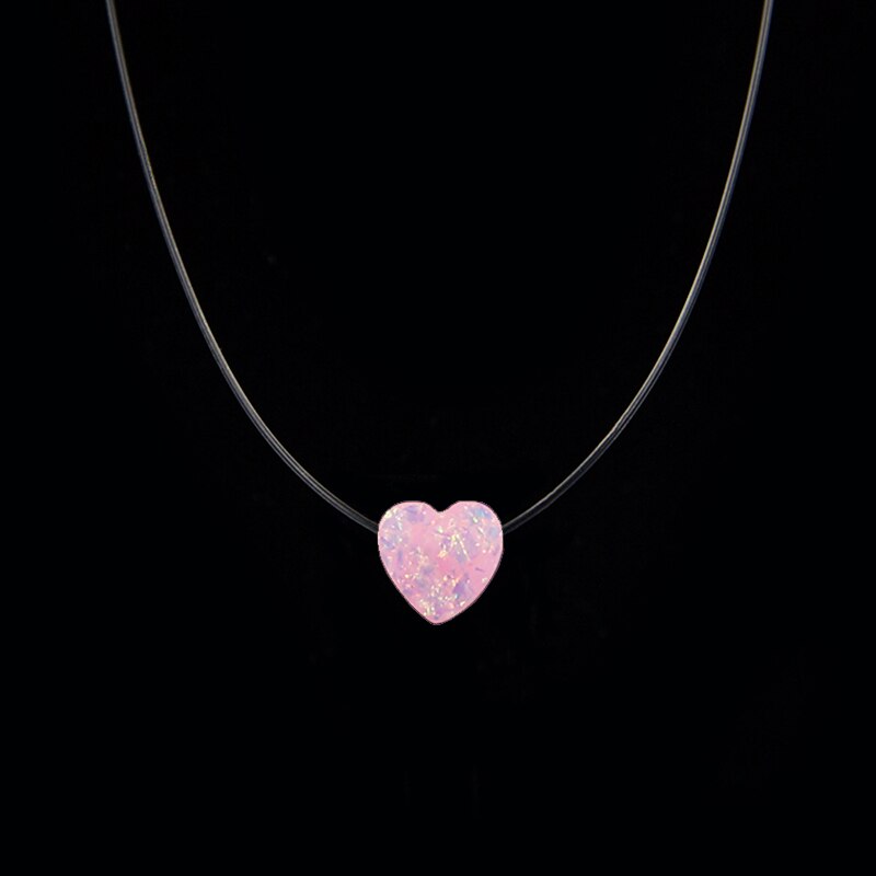 Kvindelig gennemsigtig fiskeline halskæde usynlig kæde lille kærligheds halskæde kvinder harpiks hjerte choker halskæde collier femme: Lyserød