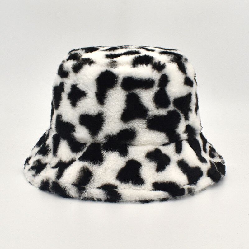 Vinter faux pels spand hatte til kvinder pige ko print plys fløjl varm panama sort hvid fisker spand hatte bob: B
