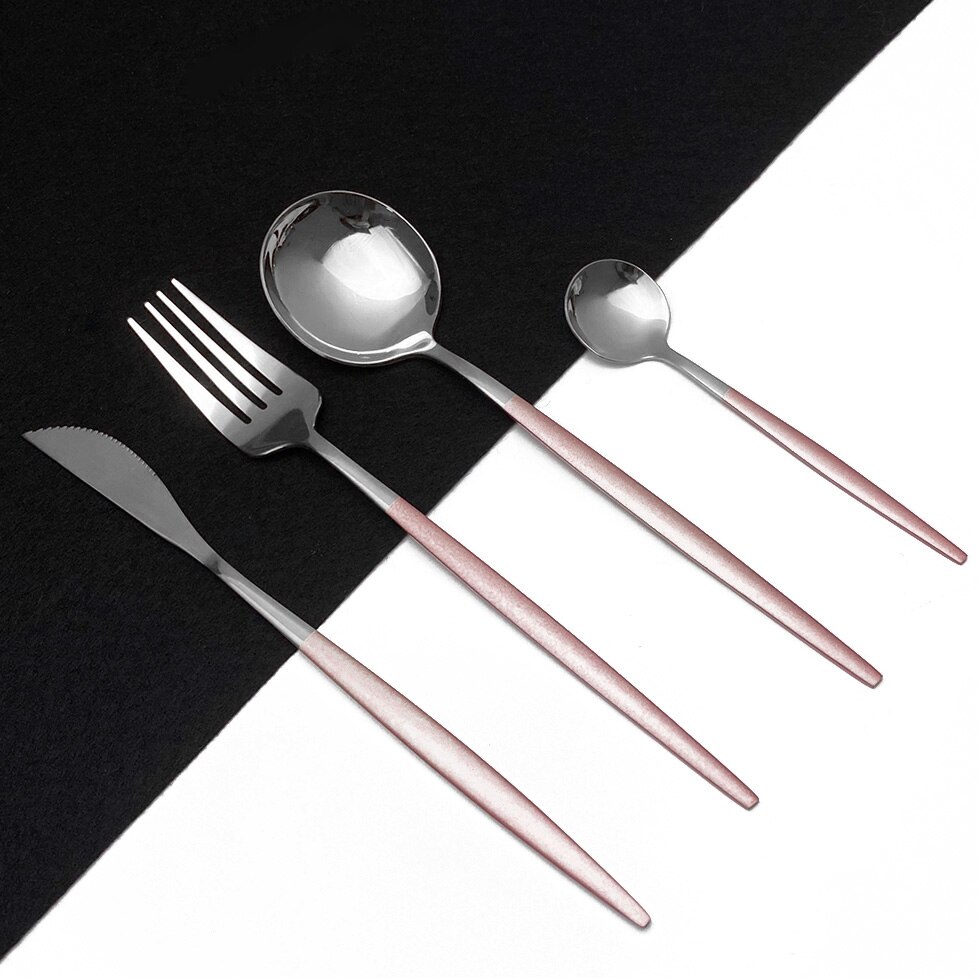 Zwart zilver 18/10 bestekset roestvrij staal 24 stuks servies steakmes theelepel feest keuken eten serviesset: Roze zilver