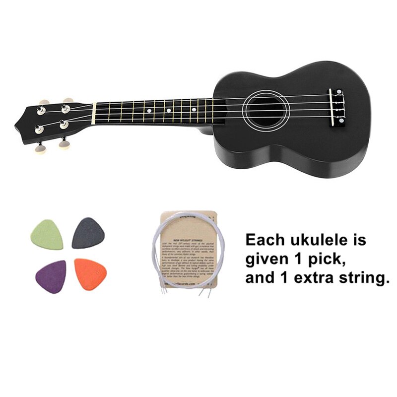Top 21 tommer sopran ukulele 4 strenge hawaiisk guitar uke + streng + pick for begyndere børn (sort)