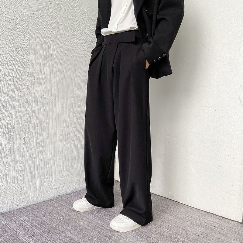 Pantalones de traje marrones/grises/negros para hombre, pantalones de vestir de la sociedad de la , Pantalones rectos sueltos coreanos, pantalones formales de oficina M-2XL: Black  / L