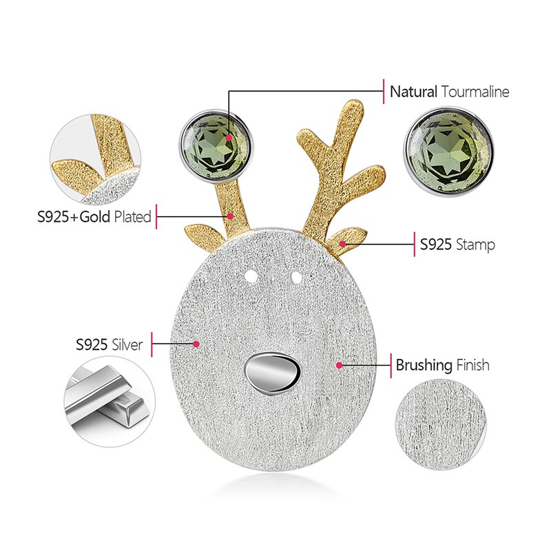 Lotus Fun Real 925 Sterling Silver Natural Tourmaline Handmade Fine Jewelry Christmas Joys Cute Reindeer Brooches Best