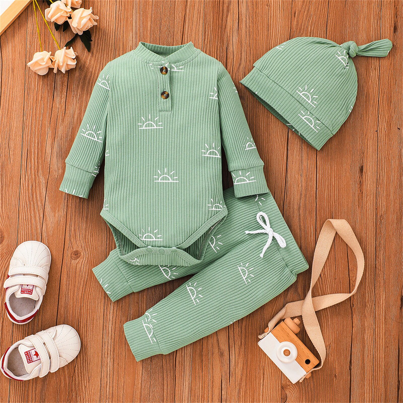PatPat 3-piece Baby Boy Sun Print Button Ribbed Long-sleeve Romper, Elasticized Pants and Cap Set