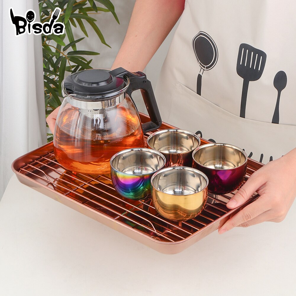 Ensemble de tasses à thé en acier inoxydable, 4/8 pièces, avec plateau et support amovible, tasse en or Double couche Anti-brûlure, service à thé