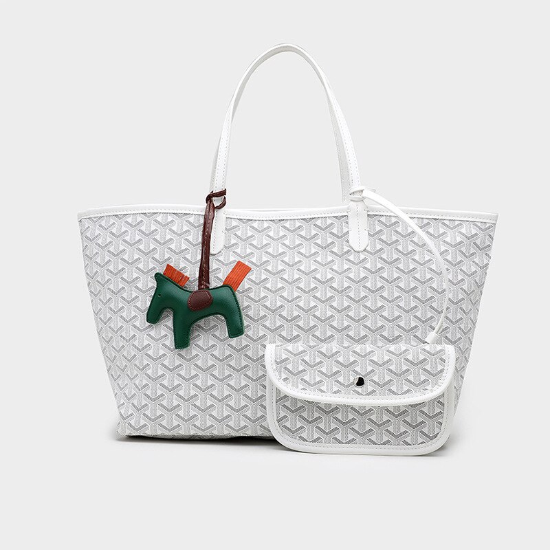 Style Korea Trendy Dog Tooth Tote Bag Size Picture-Mother Bag Waterproof PU Large-Capacity Shopping Bag: Large white