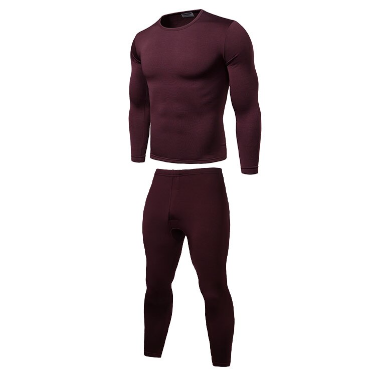 Men Autumn Winter Warm Velvet Inner Wear Thermal Underwear Long Johns Pajama Set Male Solid Warm Winter Long Underwear Set: Burgundy / XXL