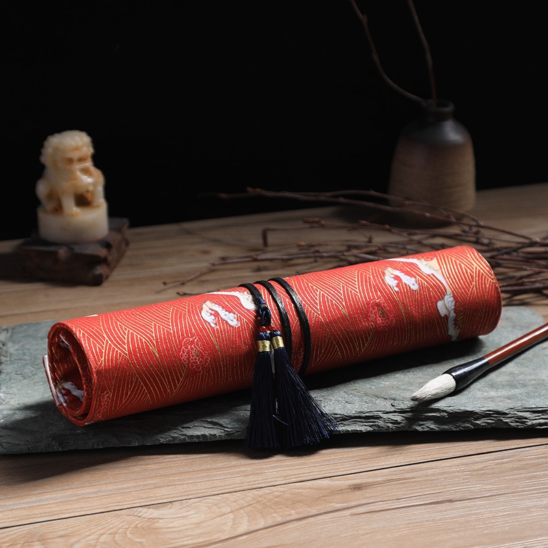 1 pc Der Antike Chinesische Stil Künstler Pinsel Tasche Wrap 10 Löcher Baumwolle Charateristic Muster Quaste Anhänger L S größen: Large Red Wave