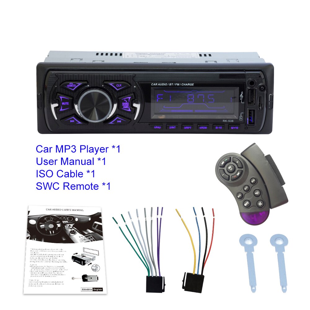 1 Din Car Radio FM DC 12V Fixed panel Auto Audio MP3 player Bluetooth Two USB Charger SD AUX SWC Remote RK-538: Radio Only