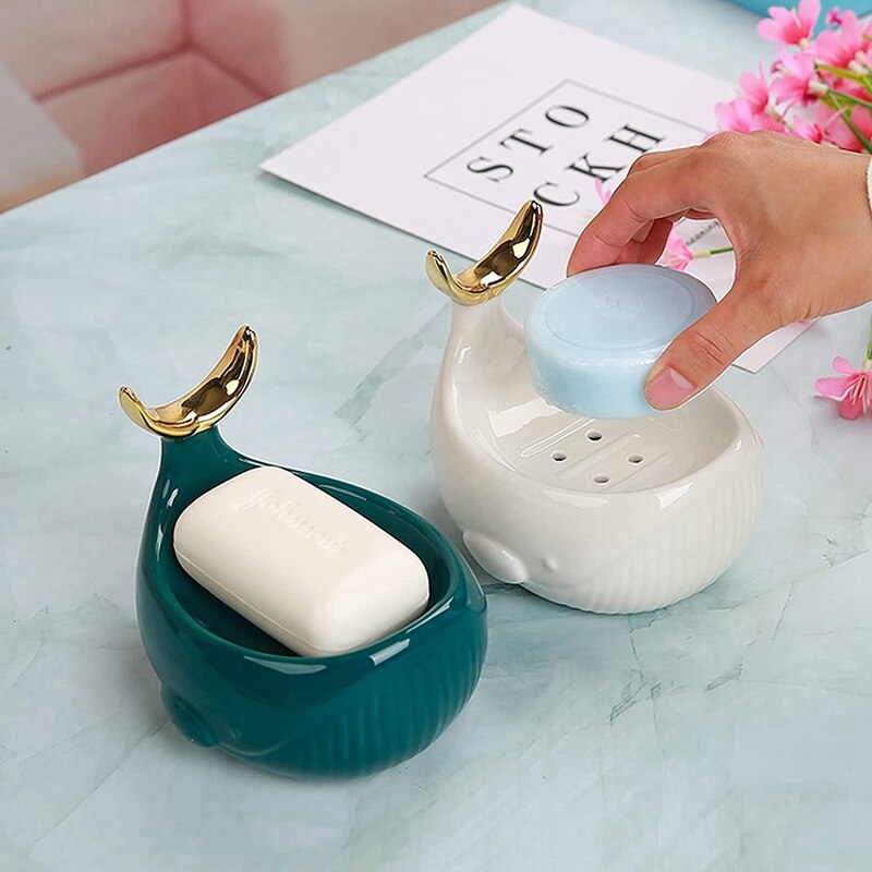 Jabonera de cerámica en forma de ballena con barra de drenaje, caja de jabón de cerámica con anillo de cola de pez para ducha de baño, caja de jabón con marco