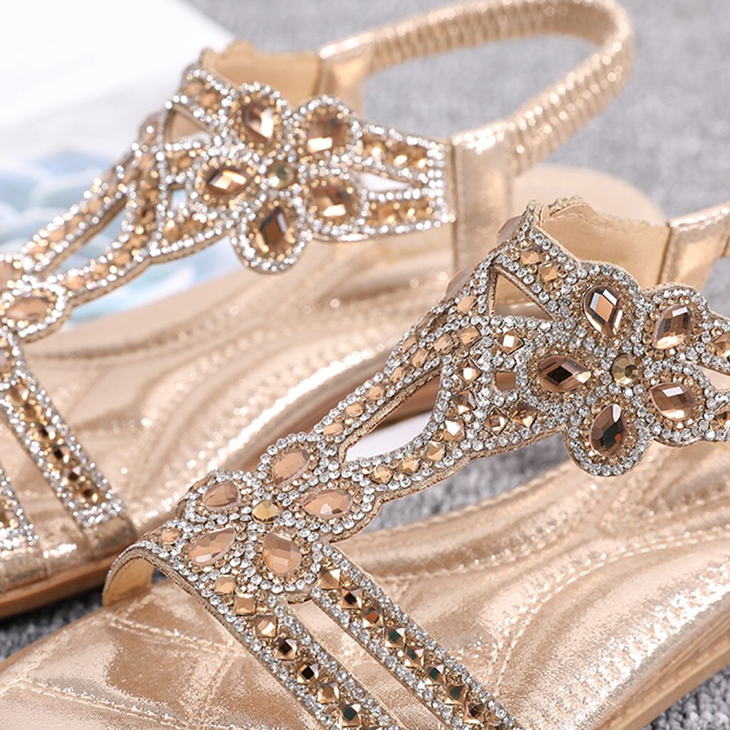 Sandales d'été femme Rhineston sandale compensées bohême plage chaussures cristal tongs chaussures plates sandales bout ouvert sandalias mujer