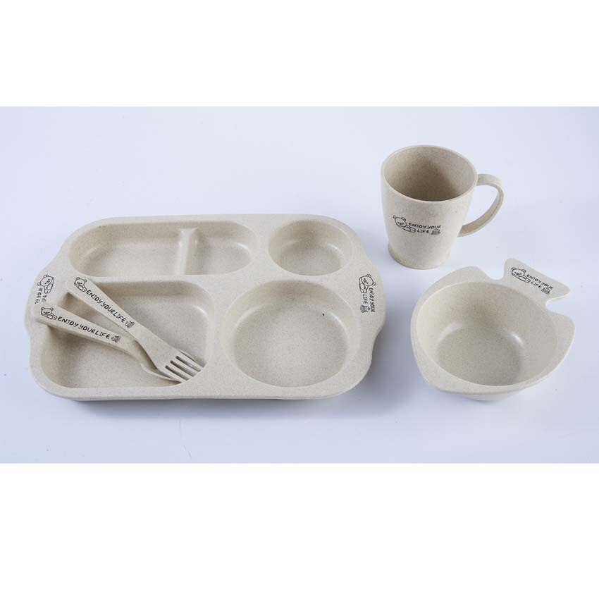 5Pcs Child Tableware Wheat Straw Sange Snack Tray with Spoon Fork Cup Skid Platter Tableware Baby Eating Supplies Beautiful Tray: Beige Square Set