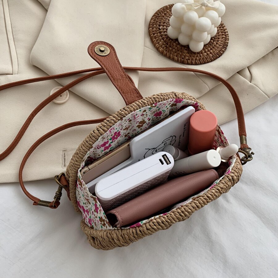 Mini bolsa de paja de verano para mujer, Semicírculo bolso de hombro tejido a mano, informal, cruzado de ratán para playa,
