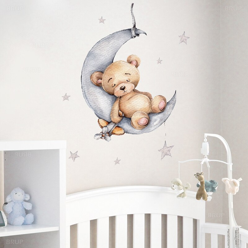 Cartoon Bunny Bear Slapen Op De Maan En Sterren Muurstickers Voor Kinderkamer Babykamer Decoratie Muur Decals Kamer interieur