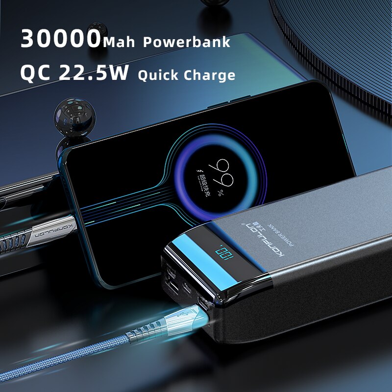 Power bank  qc 3.0 18w powerbank 30000 mah 22.5w vooc digitalt display ekstern batterioplader  pd 18 w til iphone huawei / laptop