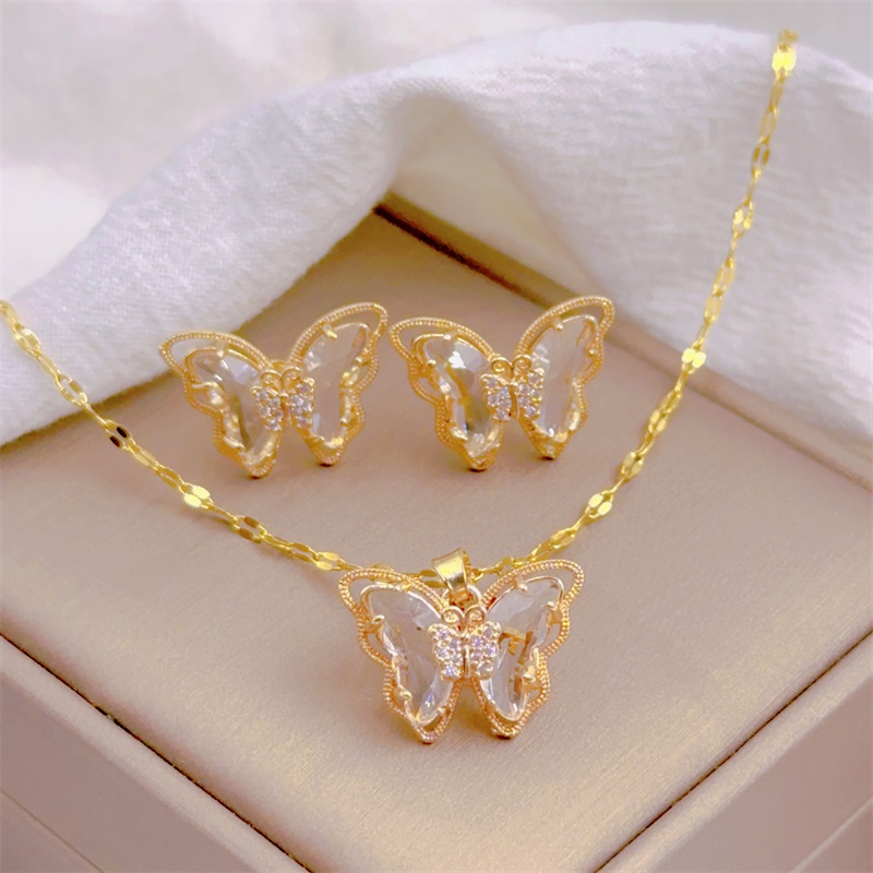 conjuntos de joyas collares para mujer conjunto de joyeria para mujer Collar de pendientes de mariposa, joyería exquisita de , collar clásico Retro, cristal transparente, cadena de clavícula de acero inoxidable: Color amarillo dorado claro