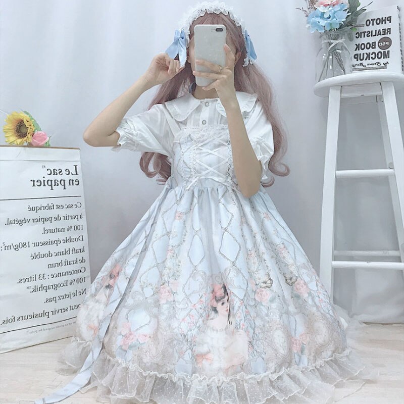 Lolita-robe d'été à bretelles pour filles, style japonais, JSK, Kawaii: Blue sleeveless