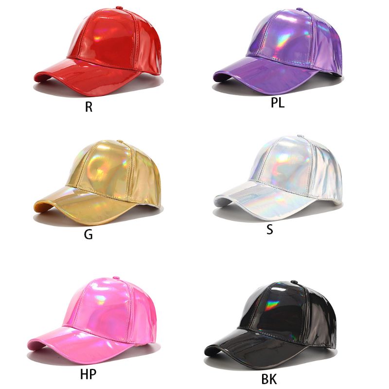 Mujeres Hombres Faux cuero gorra de béisbol brillo metálico holográfico Arco Iris reflectante Hip Hop ajustable Strapback Peaked sombrero