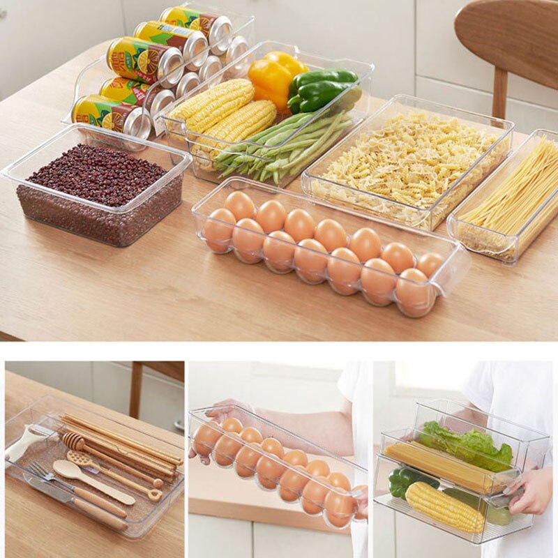 Plast oppbevaringsbokser kjøleskap oppbevaringsboks matoppbevaringsbeholdere skyve kjøkken kjøleskap fryser plassbesparende arrangør