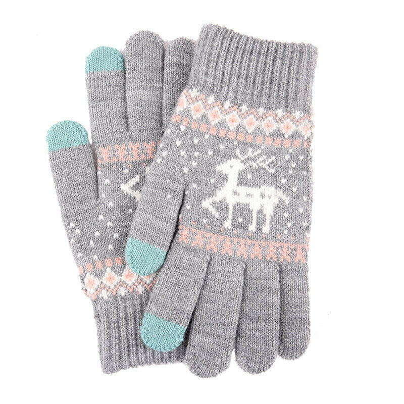Christmas Elk Printed Knitted Gloves Thicken Warm Winter Touchscreen Glove Women Girls Full Finger Gloves Outdoor Shopping: Grey