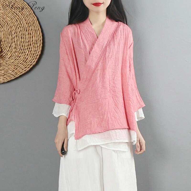 Nueva camisa de lino para mujer, top de estilo chino tradicional, blusas de lino de color sólido, ropa oriental V1475: 2