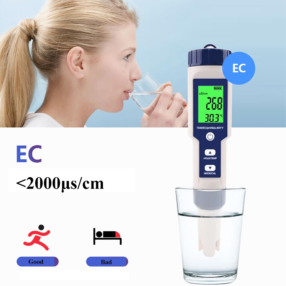 Ph Meter 5-In-1 Ph/Tds/Ec/Zoutgehalte/Temp Meter Water Quality Tester voor Voedsel Drinkwater Aquaria