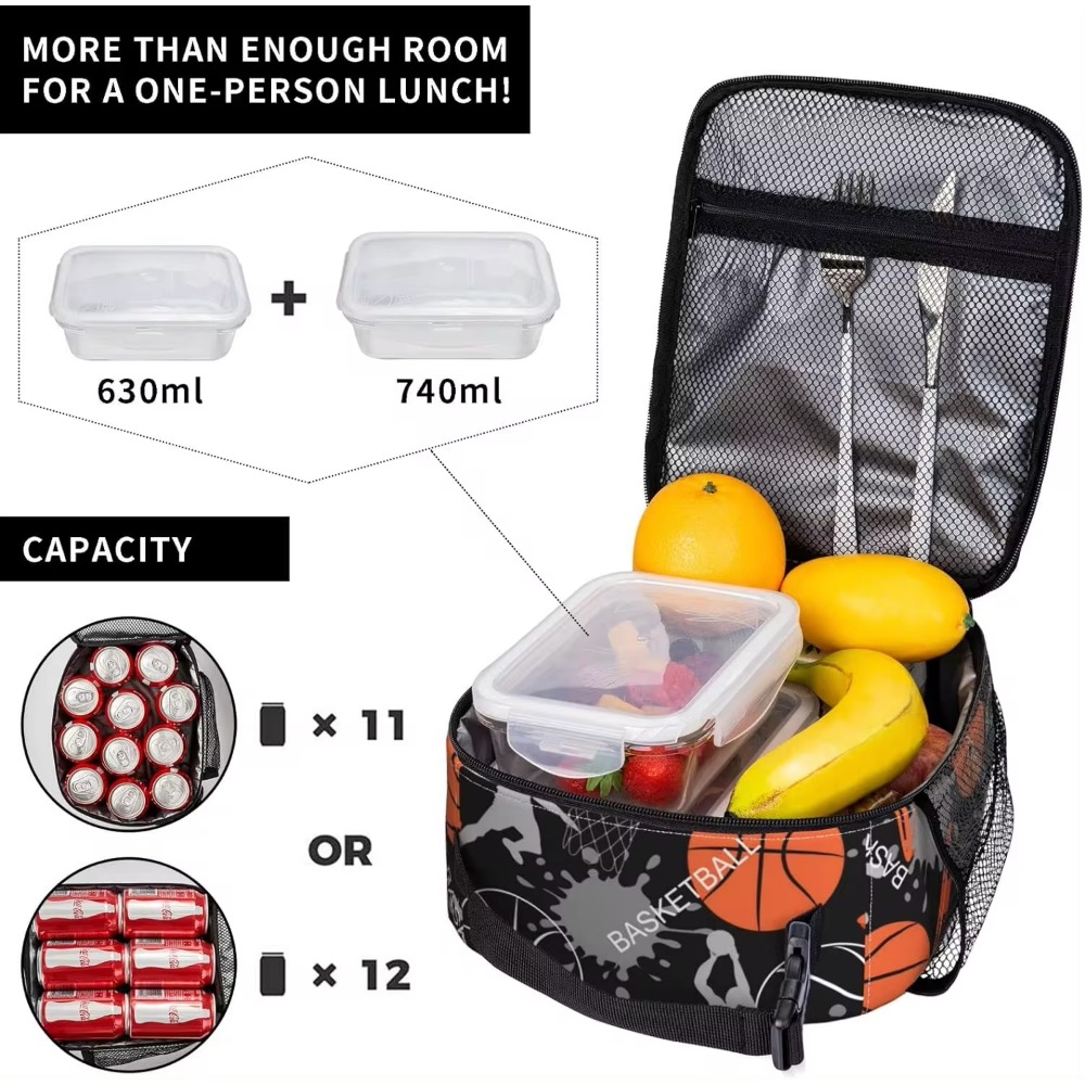 Art Basketball Trwała wodoodporna izolowana torba na drugie śniadanie Wielokrotnego użytku Cooler Thermal Tote Lunch Box Organizer do pracy w szkole Piknik