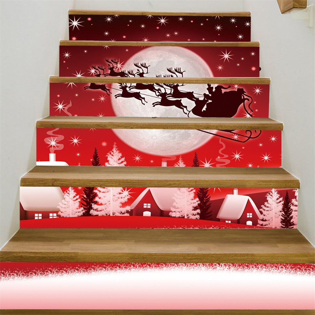 40#  jul 3d simulering trappemærkat vandtæt vægmærkat diy hjemindretning julemanden trappemærkater gulv trappestok: G