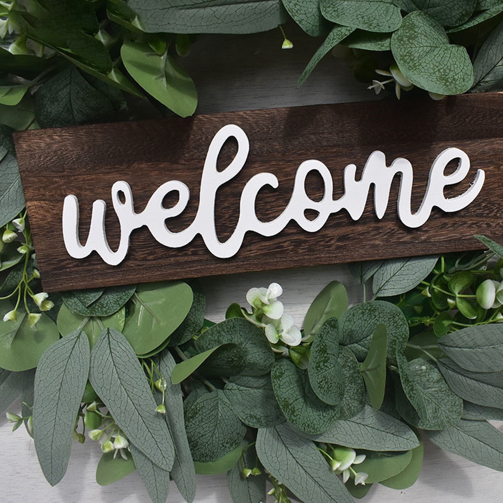 Artificial Green Eucalyptus Wreath,15 Inches Greenery Wreath With Clusters Of White Flowers Mini Spring/summer Wreath For Front