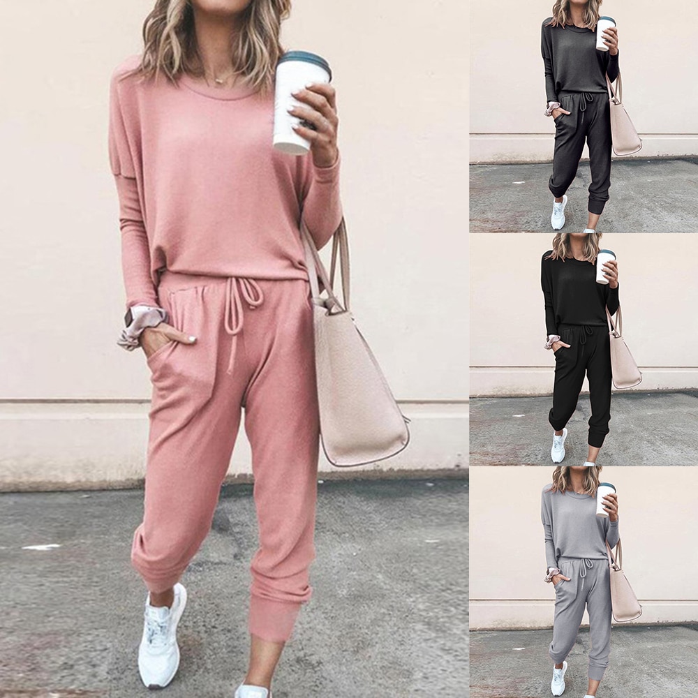 Chándal rosa para mujer, conjunto de 2 Uds., jerséis de cuello redondo, sudadera, pantalones de chándal, traje de manga larga liso, ropa deportiva informal,
