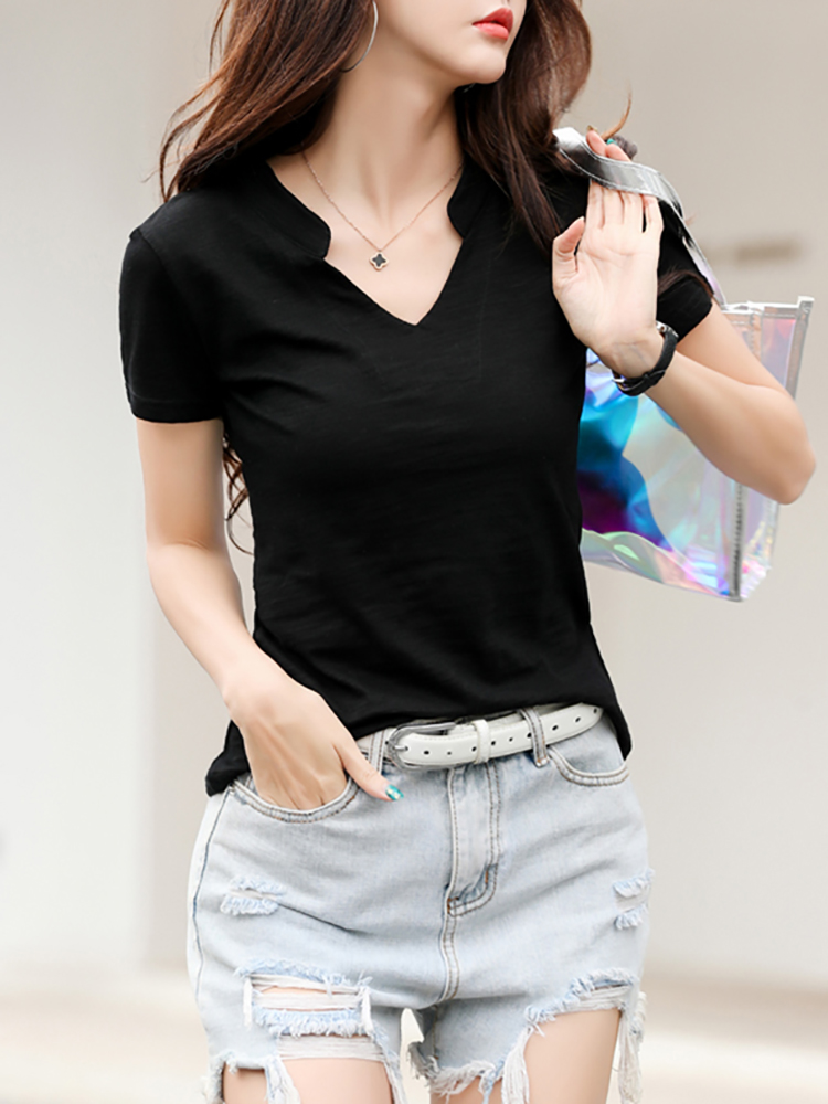 Camiseta de algodón de bambú para mujer, camisetas suaves con cuello en V, Tops clásicos de básica para mujer, S-3XL 2024: XXL / Negro