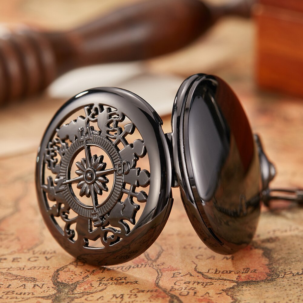 Aankomst Kompas Goud Bruin Retro Hollow Quartz Zakhorloge Fob Hanger Chain