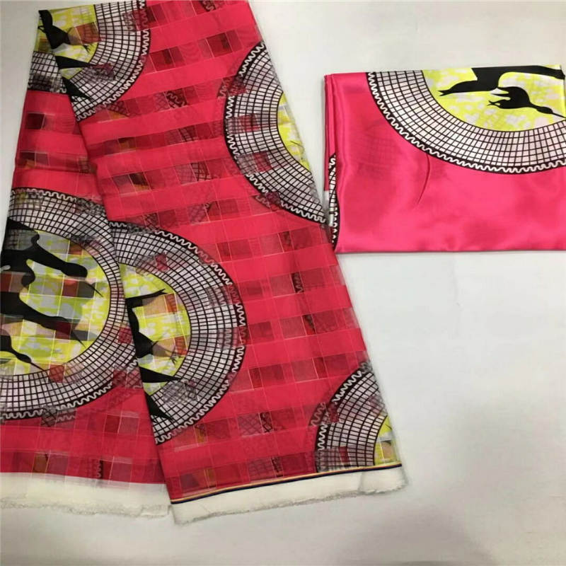 Fashionable African Wax Printed Organza Ribbon fabric 4 yards match 2 yards silk fabric !: Pink
