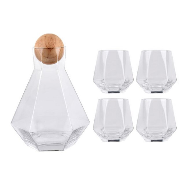 Juego de jarra de vidrio con tapa de madera para vino, whisky, cerveza, zumo, hervidores de agua potable, 1/5 piezas: Transparent 5pcs