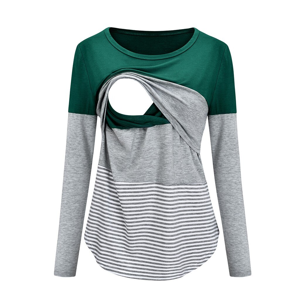 Women Breastfeeding Clothes Maternity Long Sleeve Striped Nursing Tops Female Casual Plus Size For Nursing Mothers Clothes: Green  / M