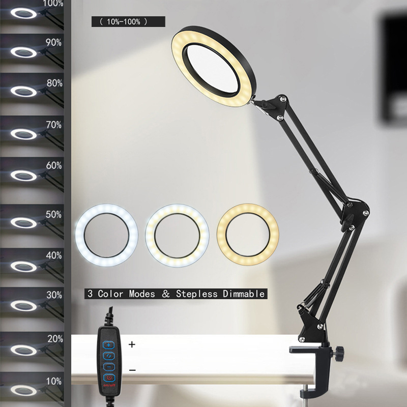 Flexibele Clamp-On Tafellamp Met 10x Vergrootglas Glas Swing Arm Dimbare Verlicht Vergrootglas Led Bureaulamp 3 Kleur modi Lamp