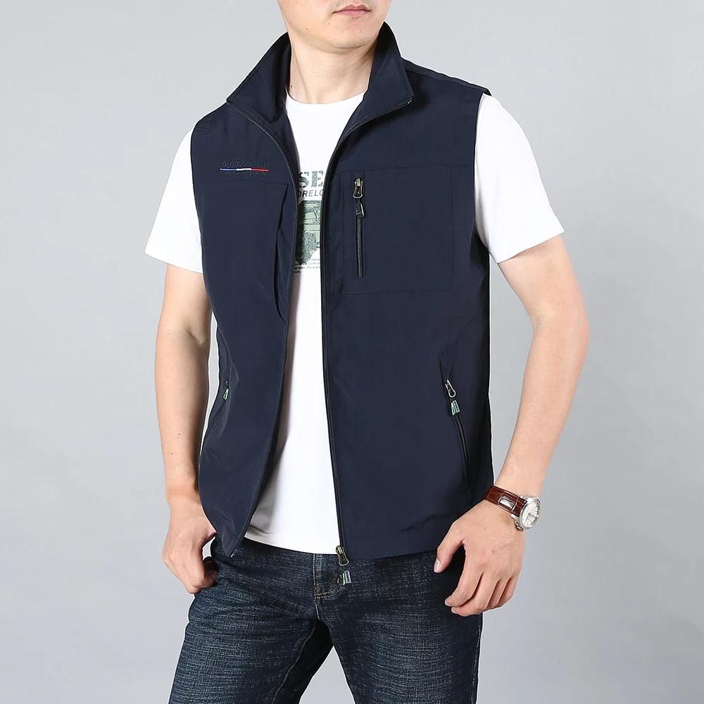 Gilet da uomo giacche gilet da pesca all'aperto 2024 estate tinta unita colletto alla coreana arrampicata escursionismo lavoro senza maniche con tasca: XXXL / Blu