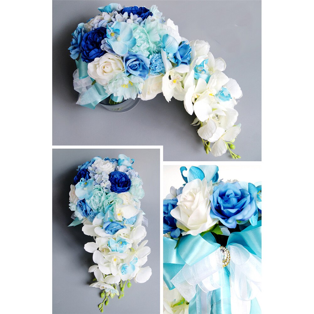 Ramos De boda De cascada, flores artificiales, perlas, cristal azul y blanco,: blue