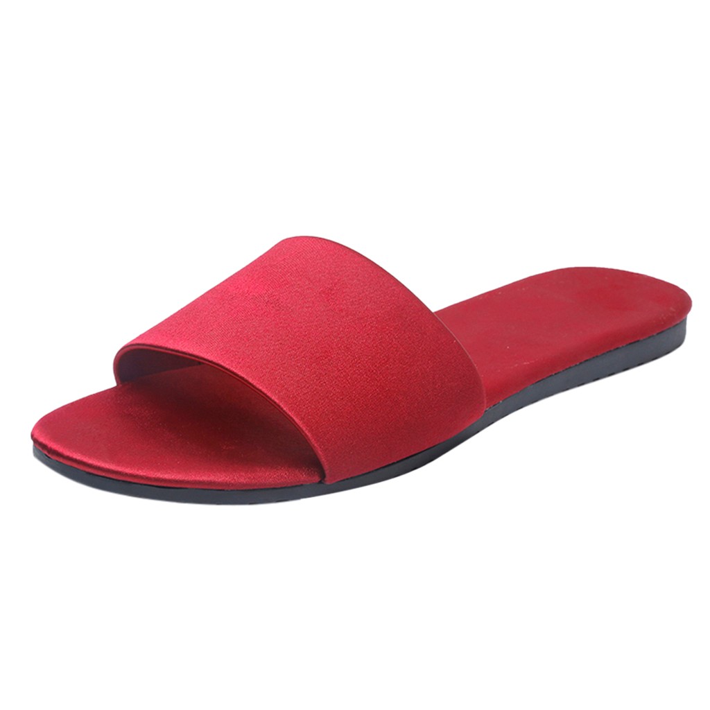 Zapatillas de Satin de seda para mujer, zapatillas sólidas para el baño en casa, zapatos antideslizantes al aire libre, de verano, zapatillas planas para mujer: Red / 38