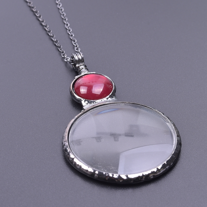 1Pc Diy Women Glass Reading Magnifying Necklaces Handmade Vintage Steampunk Portable Decorative Monocle Chain Collares Jewelry: Rust Red