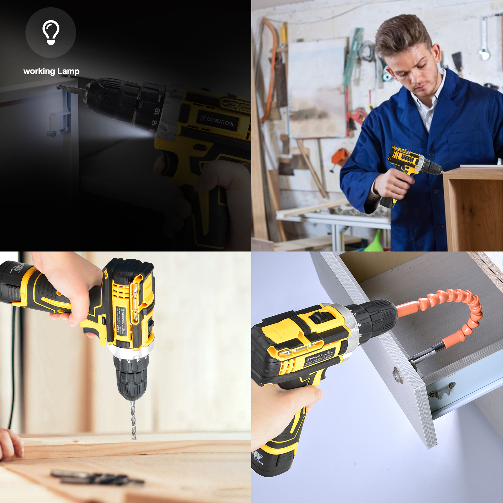 CONENTOOL-destornillador eléctrico inalámbrico recargable, taladro de impacto LED de 2 velocidades, herramientas eléctricas, batería de 1.5Ah, 18V