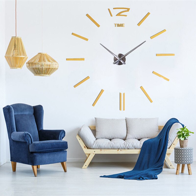 Relógio de parede grande design moderno 3d diy, design adesivo decorativo para sala de estar, espelho acrílico, decoração de home office