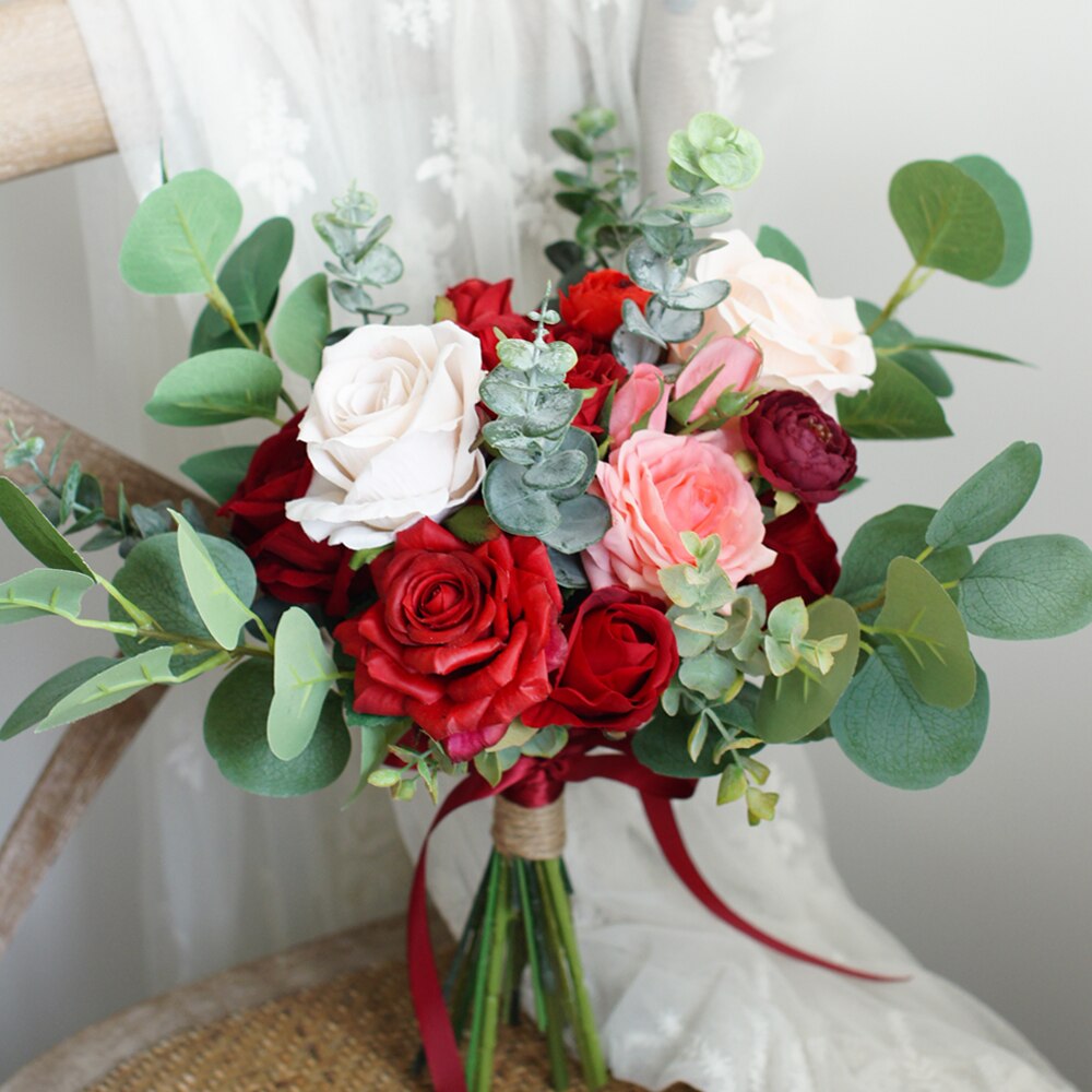 JaneVini Jahrgang rot Rose Hochzeit Strauß Künstliche Braut Mit Blumen Rosa Handgemachte Braut Strauß Griff Zubehör: Ursprünglich Titel