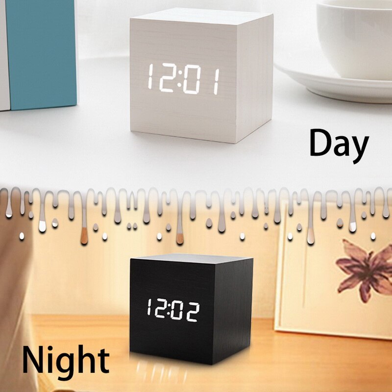 Digital Wecker Holz LED Alarm Zeit Anzeige Für Schlafzimmer Nacht Büro Kalender Temperatur LED-anzeige Holz Schreibtisch Uhr