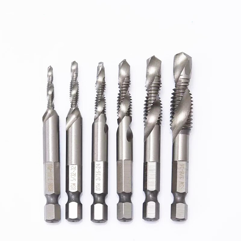 6pcs/set HSS4341 Machine Screw Right Hand Thread Plug Tap Screw Taps Set Kit Screw Twist Drill Bit Set Hex Shank 6.35mm Tap Dril