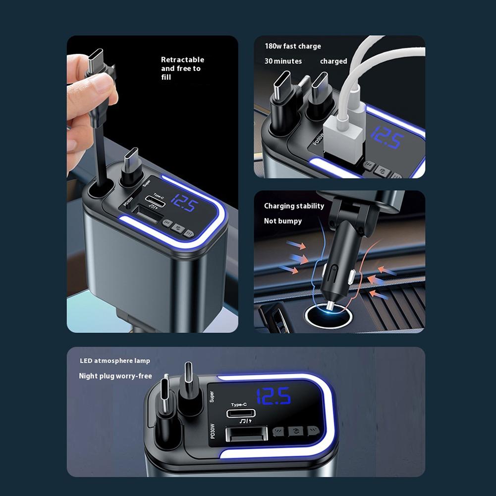 5-in-1 Auto Oplader - 180W Intrekbare USB Snellader met Bluetooth Verlichting voor Vrachtwagens SUV's