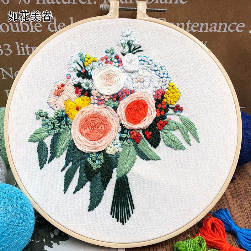 European-style Flowers DIY Embroidery Ribbon Set Beginners With Embroidery Shed Sewing Kit 3D Flowers Embroidery Kit with Hoop: 4