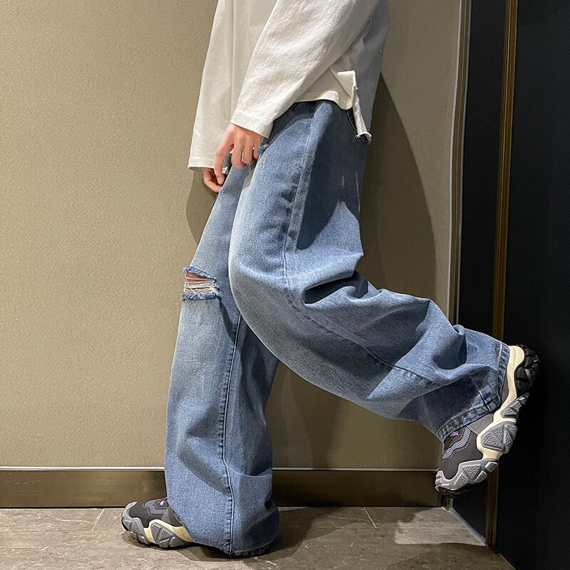 Pantalones vaqueros elásticos para hombre, rasgado y roto, Jeans rectos con agujeros a la , talla grande