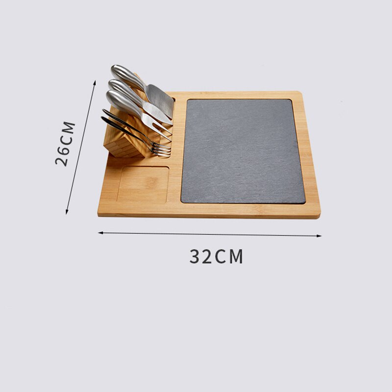 Slate Cheese Board Set with Silverware Forks Knives Premium Acacia Wood Serving Tray Cutting Tools Porcelain Ceramic Olive Dish